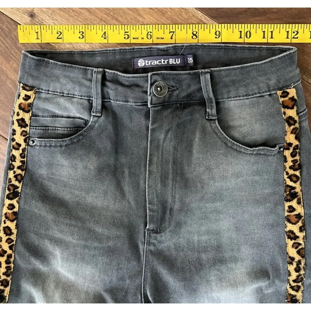 Women’s Y2K Jeans 24”x26” Rockstar Glam Leopard Print Side Raw Edge High Rise